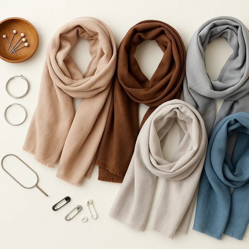 Quick and easy hijab styles setup featuring folded lawn and modal hijabs with everyday hijab accessories for fast styling